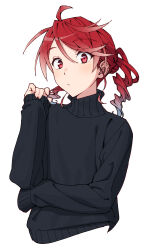 Rule 34 | 1girl, antenna hair, arm up, black sweater, closed mouth, cropped torso, dot mouth, drill hair, gradient hair, highres, kasane teto, long sleeves, looking at viewer, messy hair, multicolored hair, playing with own hair, red eyes, red hair, simple background, solo, sweater, turtleneck, turtleneck sweater, twin drills, upper body, utau, white background, yasutange