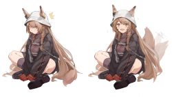 Rule 34 | 1girl, absurdres, animal ears, arknights, belt, belt buckle, black coat, blush, braid, brown hair, buckle, ceobe (arknights), ceobe (unfettered) (arknights), chain, chinese commentary, closed mouth, coat, crossed legs, dog ears, dog tail, dolphin earrings, ears through headwear, eyes visible through hair, fang, gloves, hair over one eye, highres, long hair, long sleeves, looking at viewer, multiple views, notice lines, on floor, open mouth, oversized clothes, pocket, red eyes, red gloves, shorts, simple background, sitting, skin fang, smile, socks, star (symbol), tail, tail wagging, twin braids, white background, white headwear, yuan (ziranran)