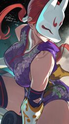 1girl arm_guards bare_shoulders breasts burn_scar commentary_request fighting_stance fox_mask half_mask hata4564 highres japanese_clothes kimono kunimitsu_(tekken) large_breasts lips long_hair mask ninja obi red_hair sash scar short_kimono solo split_ponytail squatting tekken thighhighs