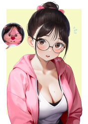 Rule 34 | 1girl, absurdres, artist name, black bra, blush, border, bra, breasts, brown hair, cleavage, collarbone, glasses, glasses loopy plushie (meme), highres, hood, hood down, hoodie, looking at viewer, loopy (pororo), medium breasts, meme, mole, mole on breast, outside border, personification, photo inset, pink hoodie, ponytail, pororo the little penguin, reference photo, regiana (jubi), round eyewear, shirt, solo, speech bubble, stuffed toy, sweatdrop, underwear, white border, white shirt, yellow background