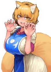 Rule 34 | 1girl, absurdres, animal ears, blonde hair, breasts squeezed together, breasts, brooch, chanta (ayatakaoisii), contrapposto, cowboy shot, denim, dress, highres, jeans, jewelry, large breasts, looking at viewer, multiple tails, open mouth, pants, paw pose, short hair, short sleeves, solo, tabard, tail, touhou, white dress, yakumo ran, yellow eyes
