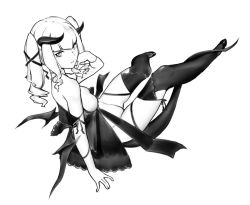 Rule 34 | 1girl, adjusting hair, arm support, bare shoulders, black thighhighs, blunt bangs, greyscale, hair ornament, hand in own hair, horns, leotard, linnkou, looking at viewer, mole, mole under eye, monochrome, original, shoes, sidelocks, sitting, solo, thighhighs, twintails, twisted neck, white background, white leotard, x hair ornament