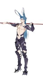 Rule 34 | 1boy, animal ears, blue hair, rabbit ears, commentary, cu chulainn (fate), english commentary, fate/stay night, fate (series), final fantasy, final fantasy xiv, full body, gae bolg (fate), guttia, igote, cu chulainn (fate/stay night), long hair, male focus, no nipples, polearm, topless male, simple background, solo, viera, weapon, white background