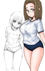 Rule 34 | 00s, 2girls, age difference, arms behind back, asanagi, breast envy, breasts, buruma, child, colorized, flat chest, frown, glasses, gym uniform, hitotsubashi yurie, kamichu!, large breasts, leaning, looking at viewer, multiple girls, partially colored, shijou mitsue, short hair, simple background, sketch, standing, thighs