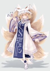 Rule 34 | 1girl, animal ears, blonde hair, blush, boots, closed mouth, dress, fox ears, fox tail, full body, grey background, hat, high heel boots, high heels, highres, long sleeves, mob cap, multiple tails, sarasadou dan, shikigami, short hair, simple background, smile, solo, tabard, tail, touhou, white dress, white footwear, white hat, wide sleeves, yakumo ran, yellow eyes