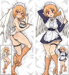 1girl apron black_dress breasts brown_hair cleavage closed_mouth commentary commission dakimakura_(medium) dress embarrassed english_commentary feathered_wings frown half-harpy highres ishuzoku_reviewers large_breasts lingerie looking_at_viewer lying maid maid_apron maid_headdress medium_hair meidri monster_girl on_back on_side open_mouth red_eyes ta-na_(tana351) thigh_strap underwear white_apron white_wings wings