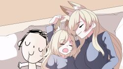 Rule 34 | 1boy, 2girls, animal ear fluff, animal ears, anime coloring, blonde hair, blue archive, breasts, cel shading, child, closed eyes, closed mouth, collared shirt, dog ears, dog girl, doodle sensei (blue archive), drooling, eyes visible through hair, family, grapeanime, grey shirt, hair over one eye, highres, kanna (blue archive), large breasts, long hair, long sleeves, lying, multiple girls, open mouth, sensei (blue archive), shirt, sleeping, t-shirt