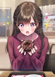 Rule 34 | 1girl, :o, amagi shino, artist name, bag, blurry, blurry background, blush, brown hair, casual, commentary request, dot nose, doughnut, eating, excited, eyelashes, food, handbag, happy, highres, holding, holding food, indoors, long hair, long sleeves, lower teeth only, open mouth, original, parted bangs, pink nails, plant, plate, potted plant, purple eyes, receptionist girl (amagi shino), red sleeves, signature, sitting, solo, sparkle, sparkling eyes, table, teeth, tray, upper body, wooden table