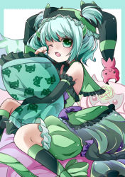 Rule 34 | 1girl, ;o, aqua hair, astaroth (p&amp;d), bare shoulders, bloomers, body pillow, cauchemar (p&amp;d), demon girl, demon horns, green bloomers, green eyes, hat, horns, hugging object, jester cap, one eye closed, open mouth, pillow, pillow hug, puzzle &amp; dragons, rubbing eyes, short hair, sitting, solo, takoyaki kenken, two side up, underwear, yawning