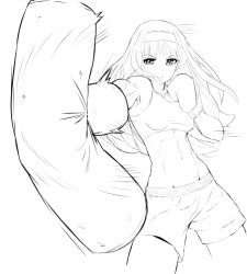 Rule 34 | 1girl, abs, artist request, boxing gloves, breasts, copyright request, greyscale, groin, hairband, long hair, monochrome, punching bag, shorts, solo, split mouth, third-party source