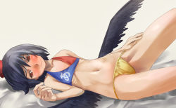 Rule 34 | 1girl, bare shoulders, black hair, blush, clothes writing, embarrassed, flat chest, hat, looking away, navel, red eyes, ribs, shameimaru aya, short hair, solo, swimsuit, tokin hat, touhou, wings, yohane