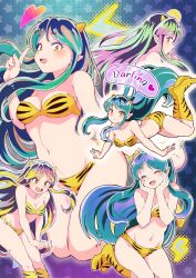 Rule 34 | 1girl, animal print, bikini, blonde hair, boots, breasts, cleavage, closed eyes, commentary request, fumishichi, green hair, hands on own cheeks, hands on own face, heart, highres, horns, index finger raised, long hair, lum, medium breasts, multicolored hair, open mouth, pink hair, pointy ears, smile, strapless, strapless bikini, swimsuit, tiger print, urusei yatsura, v-shaped eyebrows, yellow bikini, yellow footwear
