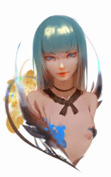Rule 34 | 1girl, artist name, bare shoulders, blue hair, blunt bangs, breasts, breasts apart, closed mouth, commentary, cropped torso, dated, detached collar, english commentary, highres, hime cut, hu dako, jewelry, light smile, lips, looking at viewer, mole, mole under eye, necklace, original, revealing clothes, signature, small breasts, solo, upper body, white background