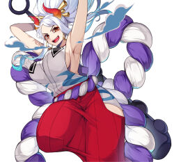 Rule 34 | 1girl, armpits, breasts, club, club (weapon), crazy otama, curled horns, earrings, green hair, hair ornament, hair stick, hakama, hakama pants, highres, hoop earrings, horns, japanese clothes, jewelry, kimono, large breasts, long hair, multicolored hair, multicolored horns, one piece, oni, open mouth, orange eyes, orange horns, pants, red horns, rope, shimenawa, sleeveless, sleeveless kimono, solo, spiked club, thick thighs, thighs, weapon, white hair, yamato (one piece), yellow horns