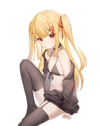 Rule 34 | 1girl, astralisup, bikini, bikini under clothes, black choker, black jacket, black thighhighs, blonde hair, breasts, choker, front-tie bikini top, front-tie top, garter straps, hair ornament, hair ribbon, highres, jacket, knee up, letter hair ornament, long hair, looking at viewer, miyayoki, navel, off shoulder, open clothes, open jacket, red eyes, red ribbon, ribbon, simple background, sitting, small breasts, solo, swimsuit, thighhighs, twintails, virtopia club, white background