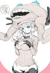 Rule 34 | 10s, 1girl, abyssal ship, aqua eyes, artist name, black gloves, blue eyes, breast hold, breasts, cleavage, cleavage cutout, clothing cutout, colored skin, dated, gloves, glowing, hair between eyes, hat, headgear, kamizono (spookyhouse), kantai collection, large breasts, long hair, looking at viewer, maebari, meme attire, monster, open-chest sweater, pale skin, ribbed sweater, silver hair, simple background, solo, sweatdrop, sweater, teeth, tentacles, translated, turret, twitter username, white skin, wo-class aircraft carrier