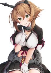 Rule 34 | 1girl, absurdres, between legs, black skirt, blush, breasts, brown hair, chain, cleavage, commentary, gloves, green eyes, hair between eyes, hand between legs, head tilt, headgear, heart, highres, index finger raised, kantai collection, large breasts, long hair, looking at viewer, mutsu (kancolle), mutsu kai ni (kancolle), pleated skirt, short hair, shrug (clothing), sidelocks, simple background, sitting, skirt, sleeve cuffs, smile, solo, striped clothes, striped skirt, thighhighs, white background, yunamaro