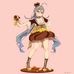 Rule 34 | 1girl, ahoge, almond, alternate costume, brown dress, bubble skirt, colis, commentary request, crown, dress, food, frilled skirt, frills, full body, grey eyes, grey hair, hair between eyes, ice cream, kantai collection, kiyoshimo (kancolle), long hair, looking at viewer, mary janes, nut, nut (food), pink background, shoes, short dress, short ponytail, simple background, skirt, socks, solo, striped clothes, striped legwear, striped socks, twintails, twitter username, vertical-striped clothes, vertical-striped legwear, vertical-striped socks, very long hair