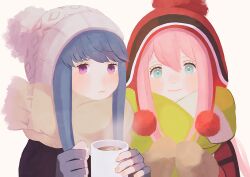 Rule 34 | 2girls, blue hair, cup, green eyes, holding, holding cup, kagamihara nadeshiko, looking at viewer, looking to the side, mittens, multiple girls, pink hair, pom pom (clothes), purple eyes, sasanaco, scarf, shima rin, sidelocks, simple background, white background, yurucamp