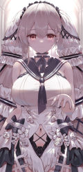 Rule 34 | 1girl, absurdres, armpit crease, azur lane, backlighting, bare shoulders, black choker, black dress, black neckerchief, black sailor collar, blush, bow, breasts, choker, closed mouth, clothing cutout, collarbone, commentary, cowboy shot, dress, dress bow, feather dress, formidable (azur lane), formidable (timeless classics) (azur lane), frilled dress, frills, grey hair, hair between eyes, hair ornament, hair ribbon, hand up, highres, large breasts, long hair, looking at viewer, navel, navel cutout, neckerchief, official alternate costume, red eyes, ribbon, sailor collar, sakkama, sidelocks, smile, solo, standing, twintails, two-tone dress, two-tone ribbon, veil, very long hair, white dress