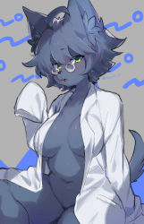 Rule 34 | 1girl, :o, animal ears, animal nose, blush, breasts, breasts apart, character request, coat, copyright request, dog ears, dog girl, dog tail, furry, furry female, glasses, green eyes, highres, lab coat, large breasts, naked coat, navel, short hair, snout, solo, suurin (ksyaro), tail, white coat