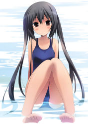 Rule 34 | 1girl, bare legs, barefoot, black hair, blush, blush stickers, brown eyes, feet, frown, k-on!, long hair, looking at viewer, nakano azusa, one-piece swimsuit, partially submerged, sakana (flame sakana), school swimsuit, sitting, smile, solo, swimsuit, toe scrunch, toes, twintails, very long hair, water