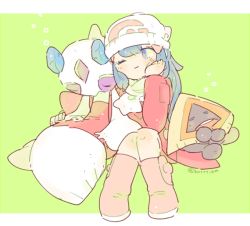 Rule 34 | 1girl, ;), beanie, blue eyes, blue hair, boots, closed mouth, coat, creatures (company), dawn (pokemon), froslass, game freak, gen 3 pokemon, gen 4 pokemon, hair ornament, hand on own face, hand up, hat, katiko, knee boots, knees together feet apart, long hair, long sleeves, nintendo, no nose, one eye closed, pink footwear, pokemon, pokemon (creature), pokemon dppt, pokemon platinum, red coat, scarf, sitting, sleeping, smile, snorunt, twitter username, white headwear, white scarf