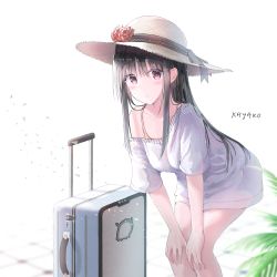 Rule 34 | 1girl, absurdres, artist name, black hair, closed mouth, collarbone, day, dress, hands on own knees, hat, highres, kayakooooo, leaning forward, long hair, looking at viewer, luggage, off-shoulder dress, off shoulder, original, outdoors, sidelocks, solo, straw hat, sun hat, white dress