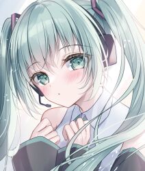 Rule 34 | 1girl, bare shoulders, black sleeves, blush, collared shirt, commentary request, detached sleeves, green eyes, green hair, green necktie, hair between eyes, hands up, hatsune miku, headphones, headset, highres, kohinata hoshimi, long hair, long sleeves, looking at viewer, miku day, necktie, parted lips, shirt, sleeveless, sleeveless shirt, sleeves past wrists, solo, twintails, upper body, vocaloid, white shirt