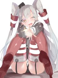Rule 34 | 10s, 1girl, ;d, amatsukaze (kancolle), bad id, bad pixiv id, black panties, blush, garter straps, kantai collection, long hair, looking at viewer, nekometaru, one eye closed, open mouth, panties, pointing, pointing at viewer, red thighhighs, silver hair, simple background, sitting, smile, solo, sparkle, sweatdrop, thighhighs, twintails, two side up, underwear, white background, yellow eyes