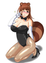 Rule 34 | 1girl, ;p, anegasaki nene, animal ears, bow, bowtie, breasts, brown eyes, brown hair, brown pantyhose, cleavage, detached collar, elbow gloves, fake animal ears, gloves, high heels, huge breasts, leotard, love plus, mole, mole under eye, musasinodaichi, nontraditional playboy bunny, one eye closed, pantyhose, playboy bunny, raccoon ears, raccoon tail, shoes, short hair, sitting, solo, tail, tongue, tongue out, white gloves, wink, wrist cuffs