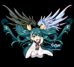 Rule 34 | 1girl, angel wings, artist name, asymmetrical wings, black background, blue hair, blush, breasts, cleavage, detached collar, detached sleeves, dizzy (guilty gear), floating hair, guilty gear, guilty gear xrd, hair between eyes, hair ribbon, hair rings, hand in own hair, hand on own face, large breasts, long hair, mature female, mature female, open mouth, red eyes, ribbon, setumi, simple background, solo, teeth, twintails, upper body, wings, yellow ribbon
