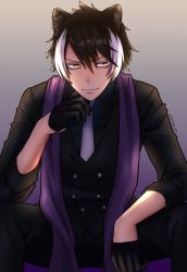 Rule 34 | 1boy, animal ears, black gloves, buttons, closed mouth, gloves, hair between eyes, highres, holostars, ioriso, kageyama shien, multicolored hair, necktie, sitting, solo, two-tone hair, virtual youtuber, white necktie, yellow eyes