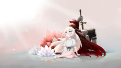 Rule 34 | 1boy, 1girl, absurdres, back-to-back, blue eyes, blush, cloak, commentary, dress, ender lilies quietus of the knights, english commentary, flower, full body, highres, holding, holding sword, holding weapon, hood, hooded cloak, jewelry, light rays, lily (ender lilies), long hair, looking up, lotus, necklace, nerpnerp, parted lips, pendant, rain, red cloak, sitting, sword, umbral knight (ender lilies), weapon, white dress, white hair