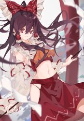 Rule 34 | 1girl, ascot, bare shoulders, black hair, bow, closed mouth, detached sleeves, gohei, hair between eyes, hair bow, hair tubes, hakurei reimu, highres, holding, holding gohei, japanese clothes, long hair, navel, nontraditional miko, orange ascot, red bow, red eyes, red skirt, ribbon-trimmed sleeves, ribbon trim, ringo no usagi (artist), sidelocks, skirt, smile, solo, touhou, white sleeves, wide sleeves