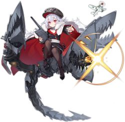 Rule 34 | 1girl, aged down, artist request, azur lane, black headwear, black pantyhose, full body, graf zeppelin (azur lane), hat, long sleeves, looking at viewer, military, military hat, military uniform, multicolored hair, official art, pantyhose, peaked cap, pointing, pointing at viewer, red eyes, rigging, silver hair, streaked hair, thighband pantyhose, transparent background, uniform, zeppy (azur lane)