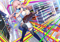 Rule 34 | 1girl, bad id, bad pixiv id, bikini, bikini top only, black thighhighs, brand name imitation, breasts, cleavage, clerk, convenience store, employee uniform, female focus, guitar, headphones, hullabaloo, instrument, large breasts, long hair, microphone, nitroplus, open clothes, open mouth, open shirt, pink hair, pleated skirt, shirt, shoes, shop, skirt, solo, striped clothes, striped shirt, super sonico, swimsuit, thighhighs, uniform, white bikini, wristband