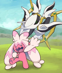 Rule 34 | 1girl, absurdres, arceus, arm up, artist request, blue sky, corpse, creatures (company), game freak, gen 4 pokemon, hammer, happy, highres, holding, holding hammer, huge weapon, legendary pokemon, looking at viewer, mythical pokemon, nintendo, no humans, open mouth, pokemon, pokemon (creature), salute, sky, smile, solo, standing, tinkaton, weapon