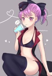 Rule 34 | 1girl, :3, arm support, bare arms, bare shoulders, bikini, black bikini, black bow, black thighhighs, blush, bow, closed mouth, drinking, fate/grand order, fate (series), flat chest, garrison cap, hair bow, hat, heart, helena blavatsky (fate), helena blavatsky (swimsuit archer) (fate), helena blavatsky (swimsuit archer) (third ascension) (fate), highres, looking at viewer, mini hat, musical note, ponytail, purple eyes, purple hair, sitting, smile, solo, spoken musical note, swimsuit, tanaji, thighhighs, v-shaped eyebrows
