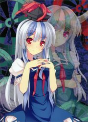 Rule 34 | 1girl, blue hair, blush, dress, dual persona, ex-keine, female focus, green hair, hat, highres, horns, ideolo, kamishirasawa keine, long hair, multicolored hair, red eyes, smile, solo, standing, touhou, two-tone hair, zoom layer