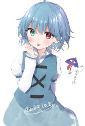 Rule 34 | 1girl, ahoge, blue eyes, blue hair, commentary, cross-laced clothes, dated, heterochromia, highres, karakasa obake, long sleeves, looking at viewer, red eyes, shiisaa3, short hair, simple background, solo, tatara kogasa, tongue, tongue out, touhou, umbrella, white background