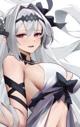 Rule 34 | 1girl, absurdres, azur lane, bare shoulders, black hairband, black ribbon, breasts, commission, from side, grey hair, hair between eyes, hair intakes, hair ornament, hairband, highres, large breasts, light blush, long hair, looking at viewer, masamura (masamura eliza), mole, mole on breast, navel, open mouth, purple eyes, ribbon, second-party source, see-through, sideboob, siren (azur lane), arbiter the empress iii (azur lane), sleeveless, smile, solo, upper body