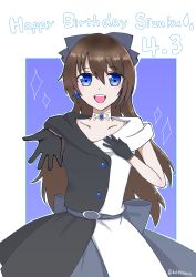 Rule 34 | 1girl, absurdres, aqua eyes, artist name, artist request, back bow, bare shoulders, belt, black belt, black dress, black gloves, black skirt, blue border, blue eyes, blush, border, bow, breasts, brown hair, buttons, choker, cleavage, collarbone, dress, drop earrings, earrings, female focus, gloves, grey bow, grey skirt, hair between eyes, hair bow, high ponytail, highres, jewelry, lace, lace gloves, long hair, looking at viewer, love live!, love live! nijigasaki high school idol club, love live! school idol festival, multicolored clothes, necklace, off-shoulder dress, off shoulder, osaka shizuku, parted lips, ponytail, reaching, reaching towards viewer, sidelocks, skirt, sleeveless, sleeveless dress, small breasts, smile, solitude rain (love live!), solo, sparkle, two-tone dress, white background, white bow, white dress, white skirt