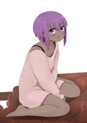 Rule 34 | 1girl, bare shoulders, barefoot, blush, dark-skinned female, dark skin, fate/prototype, fate/prototype: fragments of blue and silver, fate (series), hair between eyes, hassan of serenity (fate), highres, i.u.y, long sleeves, looking at viewer, off shoulder, parted lips, pink shirt, purple eyes, purple hair, shirt, simple background, sitting, sleeves past wrists, smile, solo, wariza, white background, wooden floor