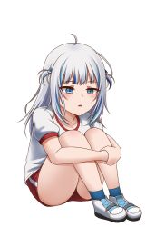Rule 34 | 1girl, absurdres, ahoge, blue eyes, blue hair, blunt bangs, buruma, commentary, empty eyes, gawr gura, gym shirt, gym shorts, gym uniform, hair ornament, highres, hololive, hololive english, hugging own legs, jan azure, medium hair, multicolored hair, parody, red buruma, shark hair ornament, shirt, short hair, shorts, silver hair, simple background, solo, squid game, streaked hair, transparent background, two side up, virtual youtuber, white background, white shirt
