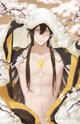Rule 34 | 1boy, :|, abs, arms up, branch, brown hair, chuchugou, cloak, closed mouth, colored skin, commentary, earrings, expressionless, falling petals, gem, genshin impact, highres, hood, hood up, hooded cloak, jewelry, long hair, looking at viewer, male focus, navel, nipples, orange eyes, pectorals, petals, rex lapis (genshin impact), single earring, solo, tassel, tassel earrings, topless male, zhongli (archon) (genshin impact), zhongli (genshin impact)