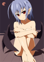 Rule 34 | 1girl, barefoot, bat wings, blue hair, fang, holding legs, leg hold, moon, nude, pointy ears, red eyes, red moon, remilia scarlet, shin&#039;ya (nanp), simple background, sitting, solo, touhou, wings