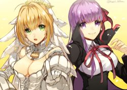 Rule 34 | 2f sq, 2girls, :o, bb (fate), bb (fate/extra), blonde hair, bow, breasts, chain, cleavage, closed mouth, fate/grand order, fate (series), gloves, green eyes, hair bow, hair intakes, large breasts, lock, long hair, looking at viewer, multiple girls, nero claudius (bride) (fate), nero claudius (bride) (second ascension) (fate), nero claudius (fate), nero claudius (fate) (all), open mouth, padlock, pointing, pointing at viewer, popped collar, purple eyes, purple hair, red bow, short hair, simple background, smile, twitter username, upper body, veil, white gloves, yellow background