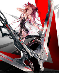 Rule 34 | 1girl, android, ass, bare shoulders, beatless, blade, collarbone, fingernails, glowing, gun, highres, holding, holding gun, holding weapon, huge weapon, kouka (beatless), long fingernails, long hair, parted lips, red eyes, red hair, redjuice, see-through, smile, solo, weapon