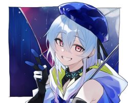 Rule 34 | 1boy, animal ears, arknights, bare shoulders, beret, black gloves, blue background, blue gloves, blue hair, blue hat, border, clothing cutout, commentary, gloves, gradient background, gradient hair, grin, hand up, hat, highres, holding, holding umbrella, infection monitor (arknights), light blue hair, long hair, looking at viewer, male focus, mizuki (arknights), multicolored clothes, multicolored gloves, multicolored hair, pink eyes, pink hair, rain, shoulder cutout, sidelocks, smile, solo, teeth, umbrella, upper body, v, white gloves, yakota (usuk-yako)